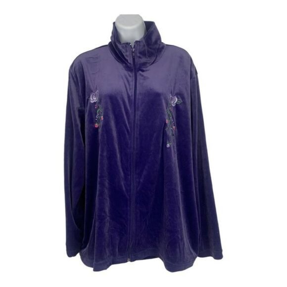 Sara Morgan Womens 2X Purple Velour Zip-Up Jacket With Embroidered Floral Design - Picture 1 of 6